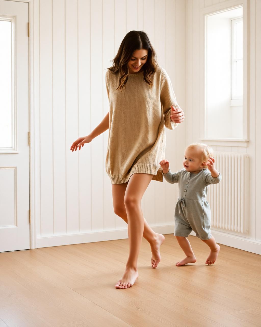 A parent and toddler dancing barefoot together in a bright studio